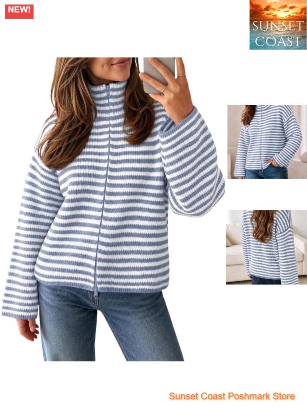 Womens Striped Chunky Mock Neck Zip Cardigan Sweater Fall Knit Jacket